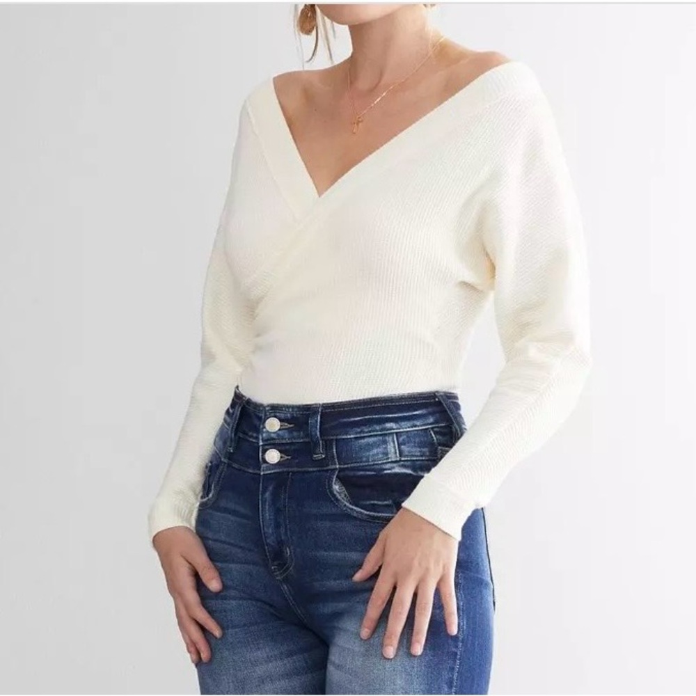 Free People Cream Off-the-Shoulder “Lovin This Feeling” Bodysuit